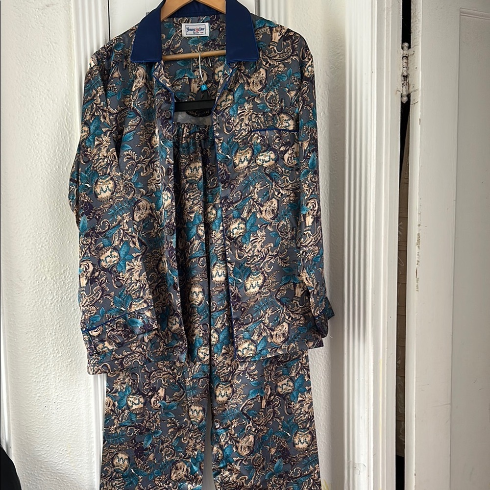 Floral Satin Pajama Set with Blue Accents